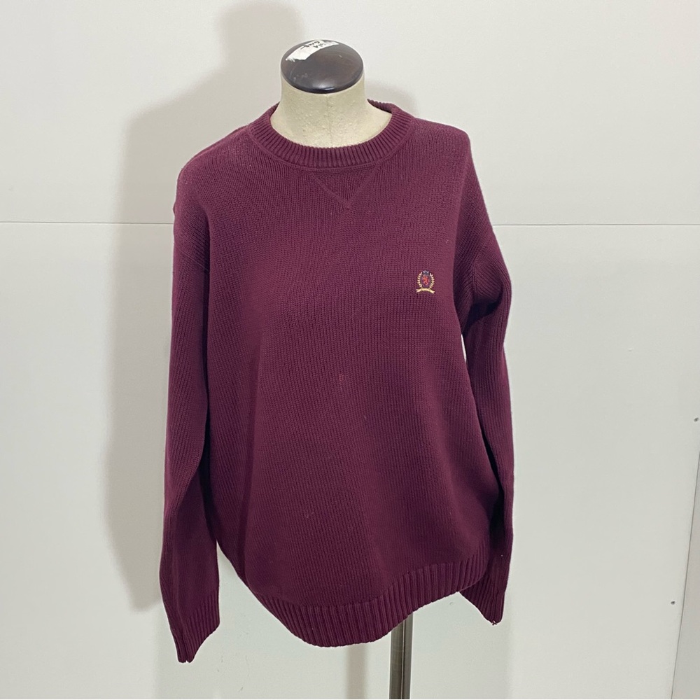 VTG Mens 90s Tommy Hilfiger Crewneck Sweater Maroon/Burgundy Crest Logo Size M